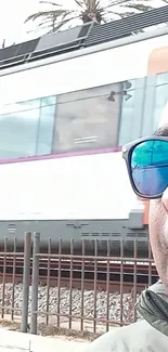 Man with sunglasses near passing train.