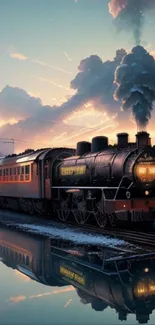 Beautiful vintage steam train on railway track at dusk.