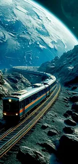 Futuristic train journey across a lunar landscape with Earth in the distance.