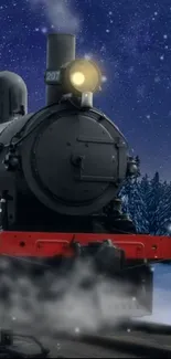 Steam train moves through snowy forest under starry winter night sky.