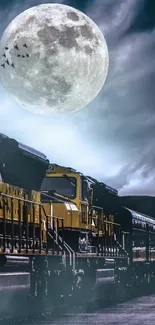 Train under a full moon with clouds and birds in the night sky.