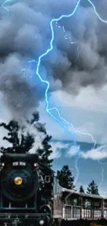 Classic steam train with lightning in a stormy sky.