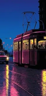 Night cityscape with tram and car under vibrant streetlights.