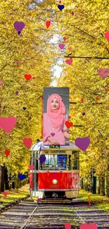 Red tram on an autumn path with colorful hearts floating in the air.