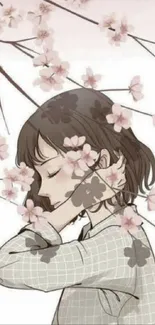 Anime girl surrounded by cherry blossoms with a serene expression.