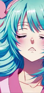 Serene anime character with teal hair and closed eyes. Peaceful vibe.