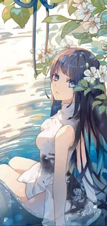 Anime girl in water with blossoms and vibrant blue tones.