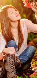 Serene woman in autumn nature setting, daydreaming.