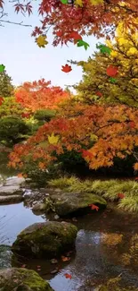 Tranquil autumn garden with vivid orange leaves reflecting in a serene pond.