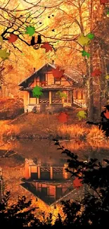 Autumn lake with cabin and colorful trees, reflecting tranquility.