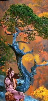 Meditative figure under tree in autumn landscape with vibrant colors.