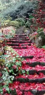 Stone steps covered with red leaves in an autumn forest scene.