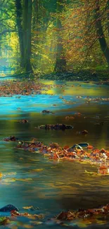 Tranquil autumn stream in lush forest.