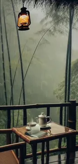 Bamboo forest with lantern and tea setup on a rainy day.
