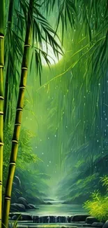 Serene bamboo forest wallpaper with lush green foliage and tranquil ambiance.