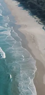 Aerial view of a serene beach with gentle ocean waves and lush coastline.