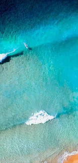 Aerial view of tranquil beach with turquoise waves and sandy shore.