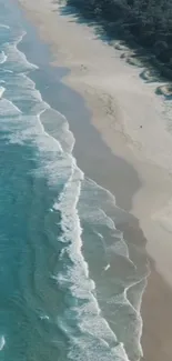 Aerial view of a serene beach with gentle ocean waves and lush greenery.