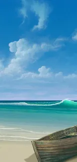 Serene beach and boat under a vivid blue sky.