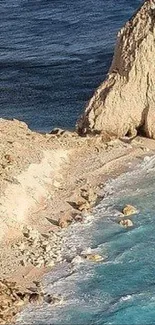 Scenic wallpaper of a tranquil beach with azure water and rocky cliffs.