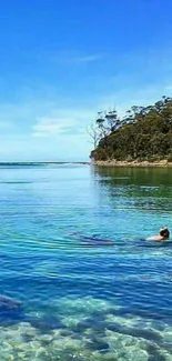 Tranquil beach scene with clear blue sky and calm water.