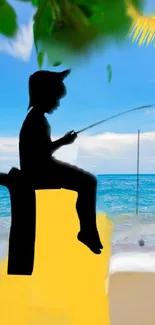 Silhouette of child fishing at a sunny beach under a blue sky.