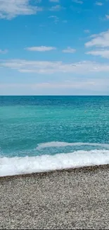 Tranquil beach with blue ocean and sky background.