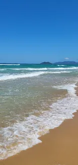 Tranquil beach with blue sky, gentle waves, and golden sand.