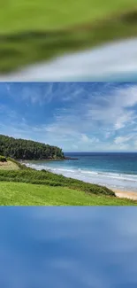 Tranquil beach landscape with ocean and blue sky.