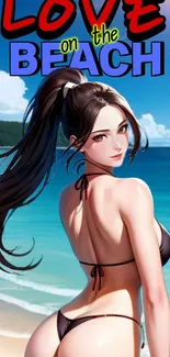 Illustrated woman on a sunny beach with blue skies and clear ocean waters.