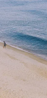 Aerial view of a peaceful sandy beach with soft waves gently rolling ashore.