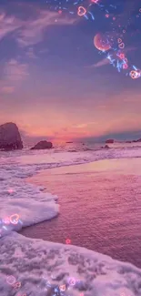 Mobile wallpaper with pink sunset and moon over a tranquil beach.