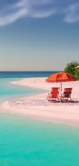 A peaceful beach scene with turquoise waters and an orange umbrella.