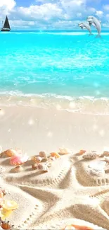 Mobile wallpaper with turquoise ocean, dolphins, and sandy beach.