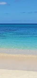 Tranquil beach scene with turquoise ocean and sandy shore.