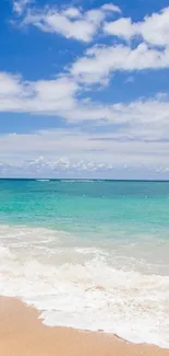 Serene beach with clear blue sky and gentle ocean waves.