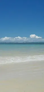 Tranquil beach wallpaper with blue sky and waves.