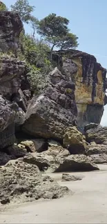 Scenic view of a tranquil beach with rocky cliffs and clear skies.