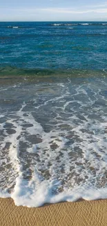 Tranquil beach wallpaper with waves and blue ocean.