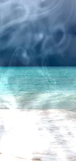 Turquoise ocean with smoke over a beach.