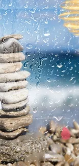 Peaceful stacked stones with ocean view.