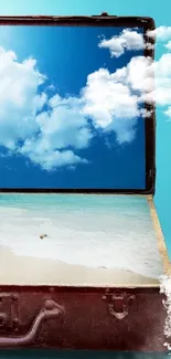 Creative beach scene with suitcase and ocean view wallpaper.