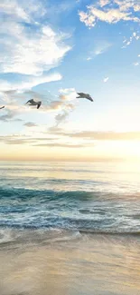 Serene beach sunrise with seagulls and ocean waves, capturing tranquility.