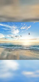 Serene beach sunrise with seagulls and calm ocean waves.