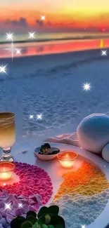 Beach sunset with candles and vibrant colors, perfect for relaxation.