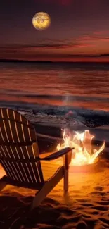 Beach chair facing a campfire under moonlit sunset.