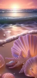 Sunset over beach with pastel seashells and waves.