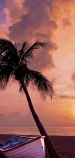 Mobile wallpaper of a sunset beach with palm tree and boat silhouette.