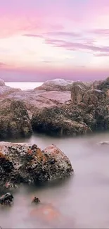 Serene beach sunset with vibrant pink sky and rocky shoreline.