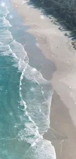 Turquoise ocean waves with a tranquil beach setting.